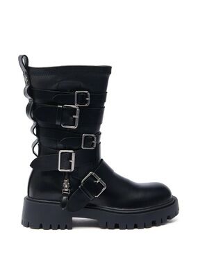 Azalea Wang SPRIDY Black Belted Buckle Combat Boots